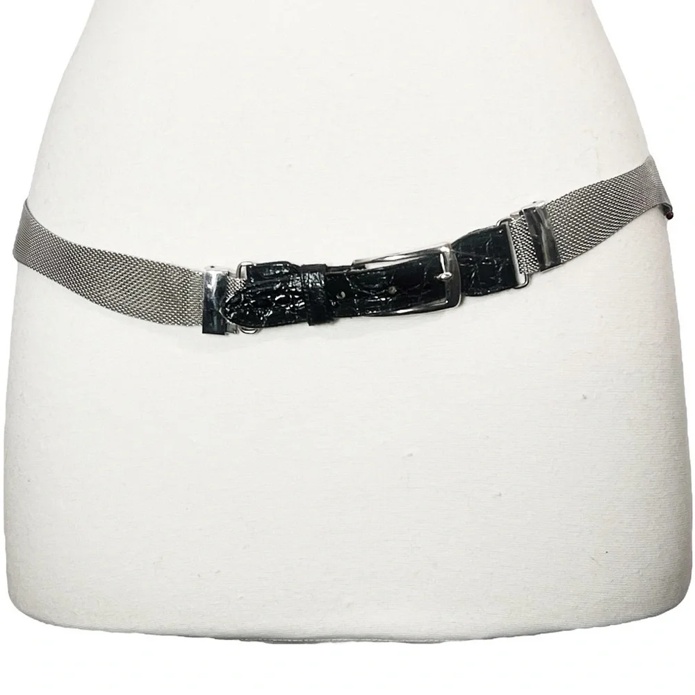 Vintage 80s Silver Scalloped Edge Woven Metal Belt Black Leather & Silver Buckle